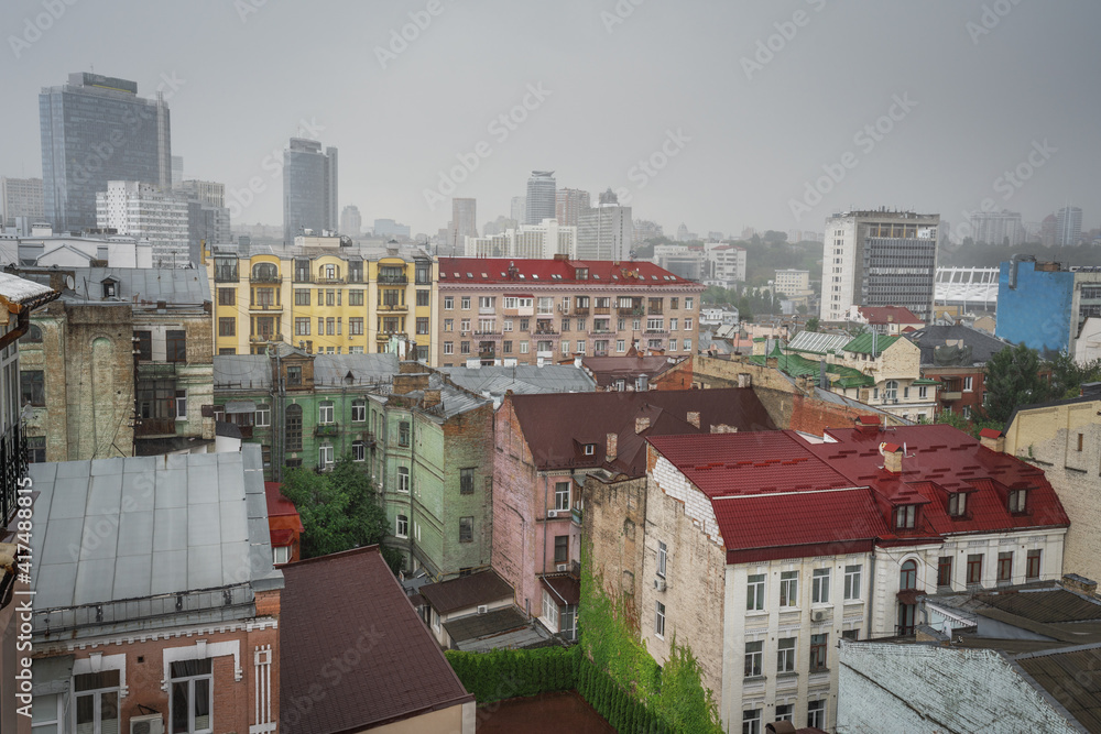 Aerial view of Kyiv buildings on a rainy day - Kiev, Ukraine