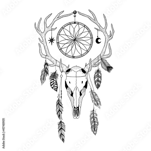 Bull's skull with deer antlers, feathers and dreamcatcher.