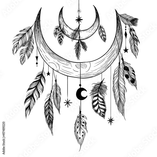 Detailed mystical illustration with feathers, beads, moons, stars and crystals.