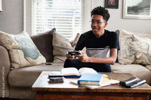 Teenage boy plays video games at home in family room photo