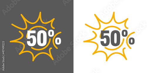 Spring Summer Sale 50 percent off with the sun in the background vector sticker label logo incon isolated on white and dark gray background