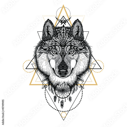 Hand drawn detailed wolf in aztec (boho) style. Modern geometry. 
