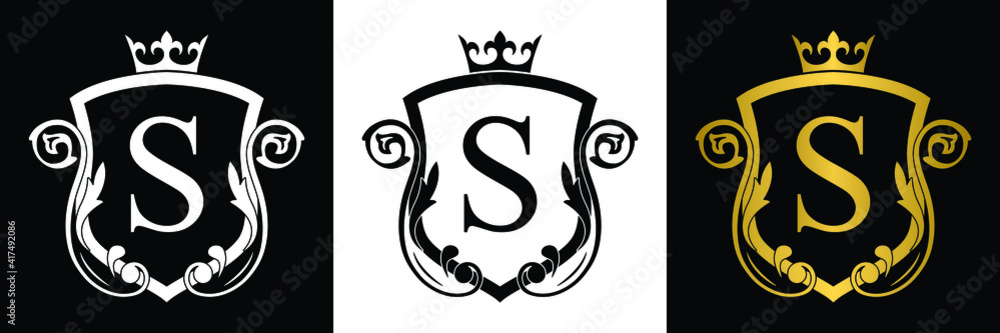 Golden Letter S. template logo Luxury shield letter with crown. Monogram alphabet . Beautiful royal initials letter. Golden Letter S. template logo Luxury shield letter with crown. Monogram alphabet . Beautiful royal initials letter.
