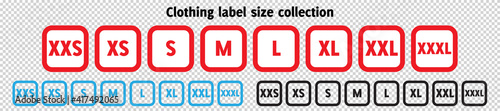 Red blue cloth labels with size for apparel, brand tags S, L, M, XL symbols, textile badges with seams and fabric texture. Clothing isolated on transparent background Realistic vector illustration photo