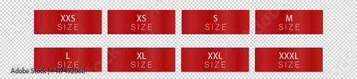 Red white cloth labels with size for apparel, brand tags S, L, M, XL symbols, textile badges with seams and fabric texture. Clothing isolated on transparent background Realistic vector illustration