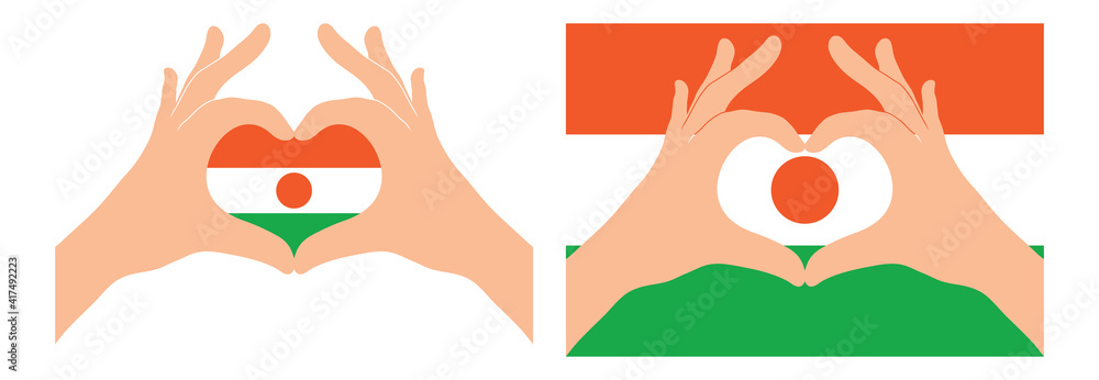 Niger flag. Two hands in the form of a heart with flag of Niger
Niger flag. Two hands in the form of a heart with flag of Niger