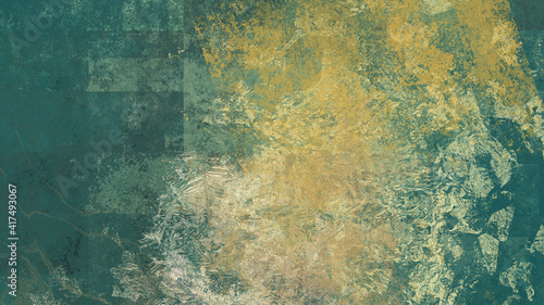 Abstract art work with green and yellow splashes