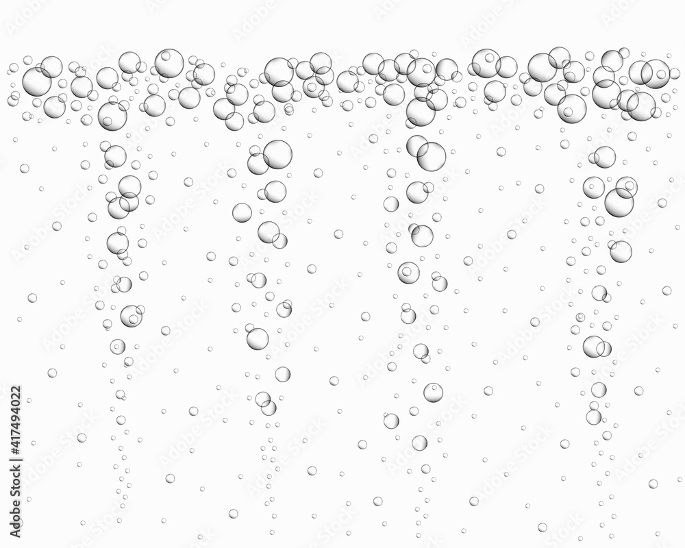 Underwater air bubbles background. Fizzy drink, carbonated water, soda, lemonade, champagne, beer, sparkling wine. Water stream in ocean, sea or aquarium. Vector realistic illustration.