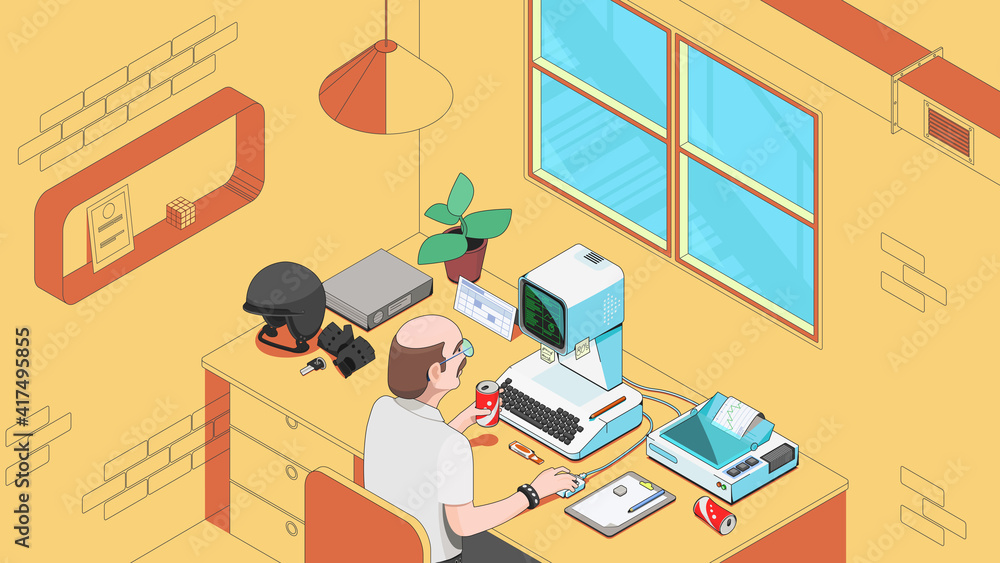 Isometric office space and equipment. Office employee at his workplace.
Isometric office space and equipment. Office employee at his workplace.