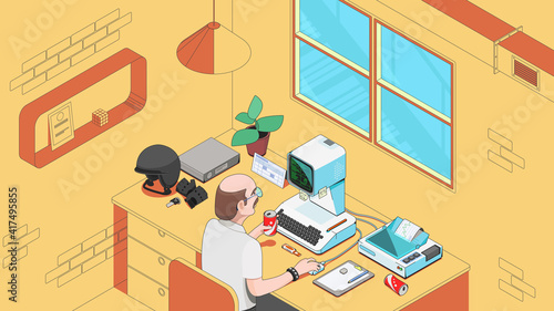 Isometric office space and equipment. Office employee at his workplace.
