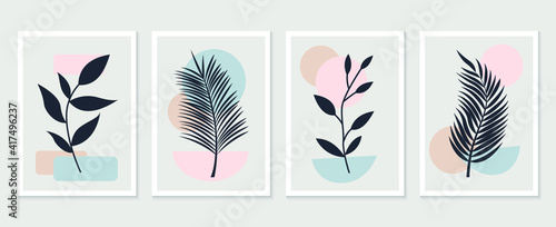 Botanical wall art vector set. Tropical Foliage line art drawing with abstract shape. Abstract Plant Art design for print, cover, wallpaper, Minimal and natural wall art. Vector illustration