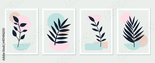 Botanical wall art vector set. Tropical Foliage line art drawing with abstract shape. Abstract Plant Art design for print, cover, wallpaper, Minimal and natural wall art. Vector illustration