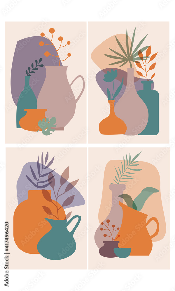 Abstract vases with tropical leaves  in pastel colors. Collection of contemporary art. Abstract paper cut elements, fruits for social media, posters, postcards, print. 