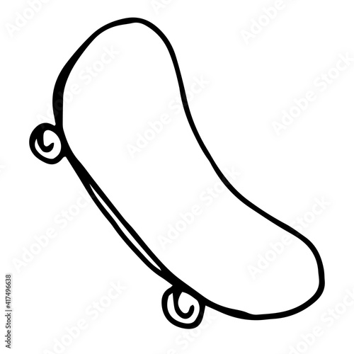 Vector isolated skateboard element in motion hand drawn in doodle style black line on white background for design template