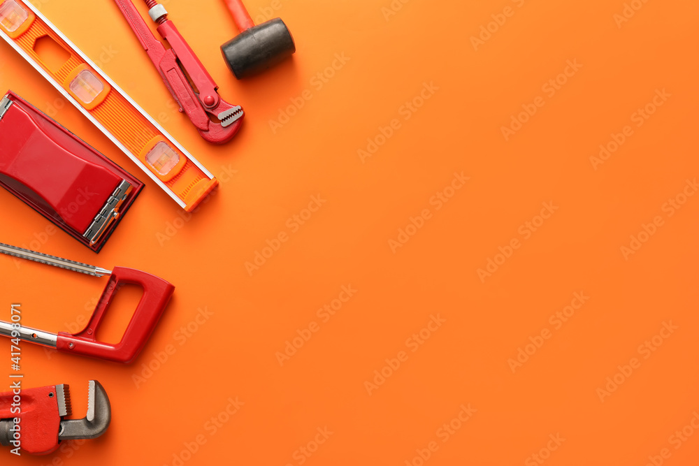 Set of construction tools on color background Set of construction tools on color background