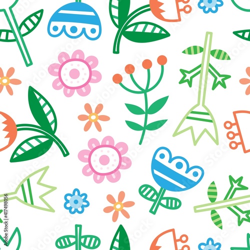 Seamless pattern with different plants and  flowers on  white background. Vector print with herbs. Botanical doodle wallpaper.