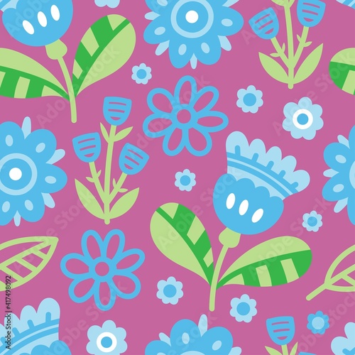 Seamless pattern with different plants and  flowers on  pink background. Vector print with herbs. Botanical doodle wallpaper.