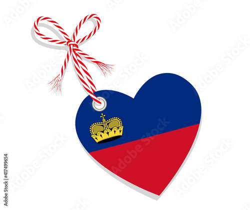 Fahne als Herz  „I Love Liechtenstein“ mit Kordel-Schleife,
Vektor Illustration isoliert auf weißem Hintergrund
