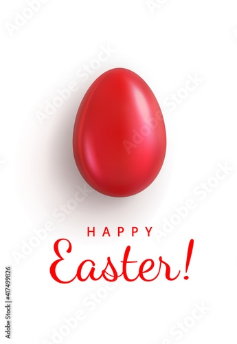 Happy Easter. Greeting Card with Glossy Red Easter Egg closeup and Greeting Text. Isolation on a white background. Top view