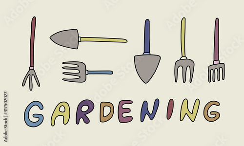 Garden tools isolated. Collection of gardening equipment. Vector doodle illustration.