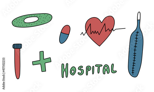 Medicine items isolated. Vector hand drawn illustration in doodle style. Medical first aid kit