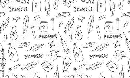 Seamless pattern with medicine items. Vector hand drawn illustration in doodle style. Medical first aid kit