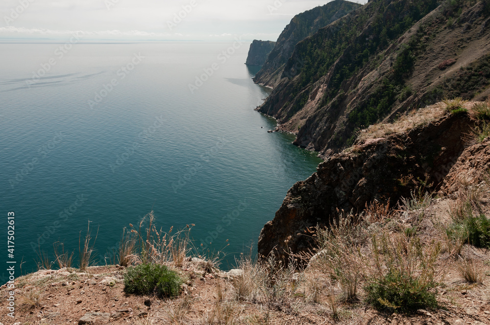 View from a high cliff to Lake Baikal and the coastline