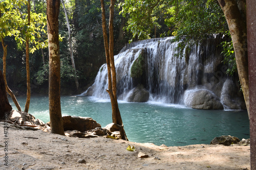 Limestone Erawan waterfall in the forest in Erawan National park  Kanchanaburi  Thailand 