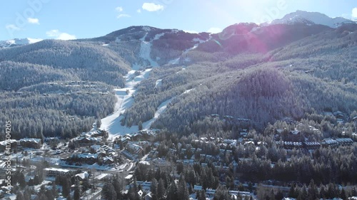Aerial drone footage Whistler Mountain, BC, at creekside on a sunny day. 4K 24FPS. photo