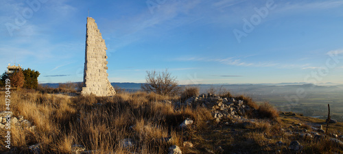  landscape of sunrise on castel ruins of Le Puy Sainte Reparade castel called La Quille photo