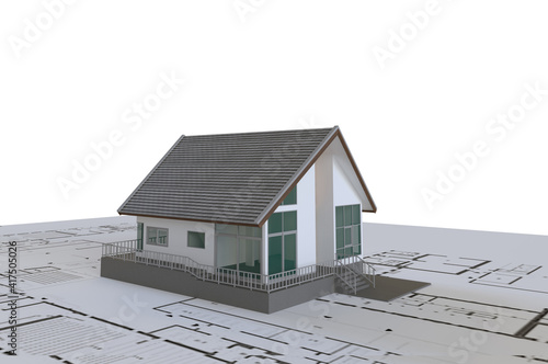 House on floor plan paper 3D illustration and rendering of small house on white paper with plan drawing. Real estate business concept.