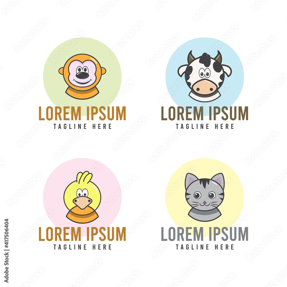 Pet portrait flat icon set with cow chicken cat monkey isolated vector illustration Pet portrait flat icon set with cow chicken cat monkey isolated vector illustration