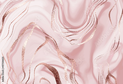 Elegant liquid marble abstract painting background with rose gold waves.