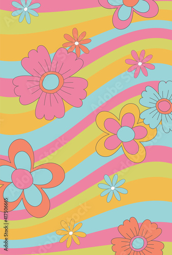 vector background with retro flowers and wavy lines for social media posts, banner, card design, etc.