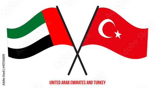 United Arab Emirates and Turkey Flags Crossed And Waving Flat Style. Official Proportion.