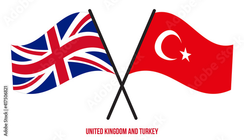 United Kingdom and Turkey Flags Crossed And Waving Flat Style. Official Proportion. Correct Colors.
