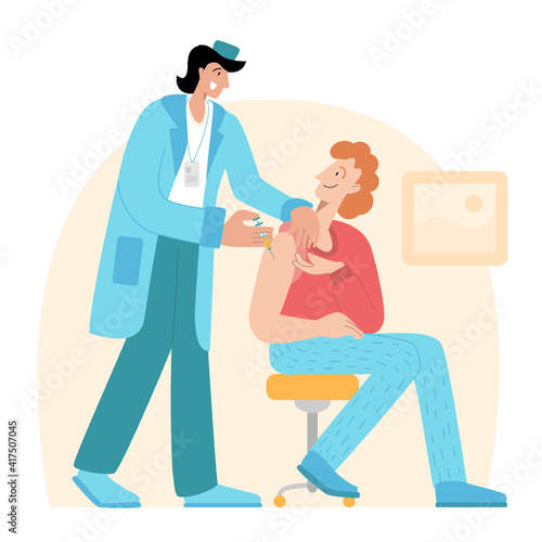  The doctor gives the vaccine to a man. Prevention injection, immunization. Coronavirus infection treatment. Vaccination.