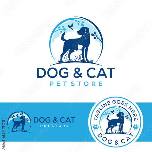 Vector Pet Shop logo design template. Modern animal icon label for store, veterinary clinic, hospital, shelter, business services. Flat illustration background with dog and cat.
