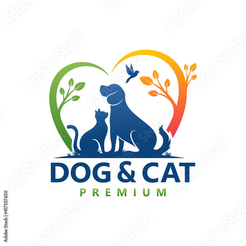Vector Pet Shop logo design template. Modern animal icon label for store, veterinary clinic, hospital, shelter, business services. Flat illustration background with dog and cat.
