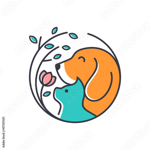 Vector Pet Shop logo design template. Modern animal icon label for store, veterinary clinic, hospital, shelter, business services. Flat illustration background with dog and cat.
