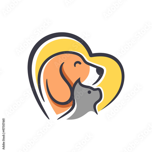 Vector Pet Shop logo design template. Modern animal icon label for store, veterinary clinic, hospital, shelter, business services. Flat illustration background with dog and cat.
