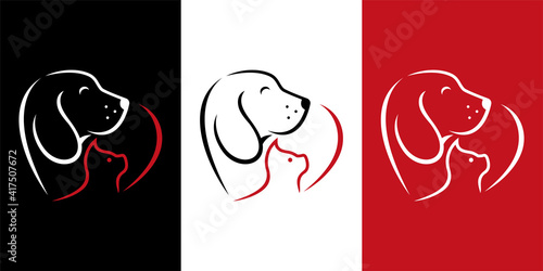 Vector Pet Shop logo design template. Modern animal icon label for store, veterinary clinic, hospital, shelter, business services. Flat illustration background with dog and cat.
