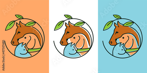 Vector Pet Shop logo design template. Modern animal icon label for store, veterinary clinic, hospital, shelter, business services. Flat illustration background with dog, cat and horse heads.
