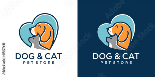 Vector Pet Shop logo design template. Modern animal icon label for store, veterinary clinic, hospital, shelter, business services. Flat illustration background with dog and cat.
