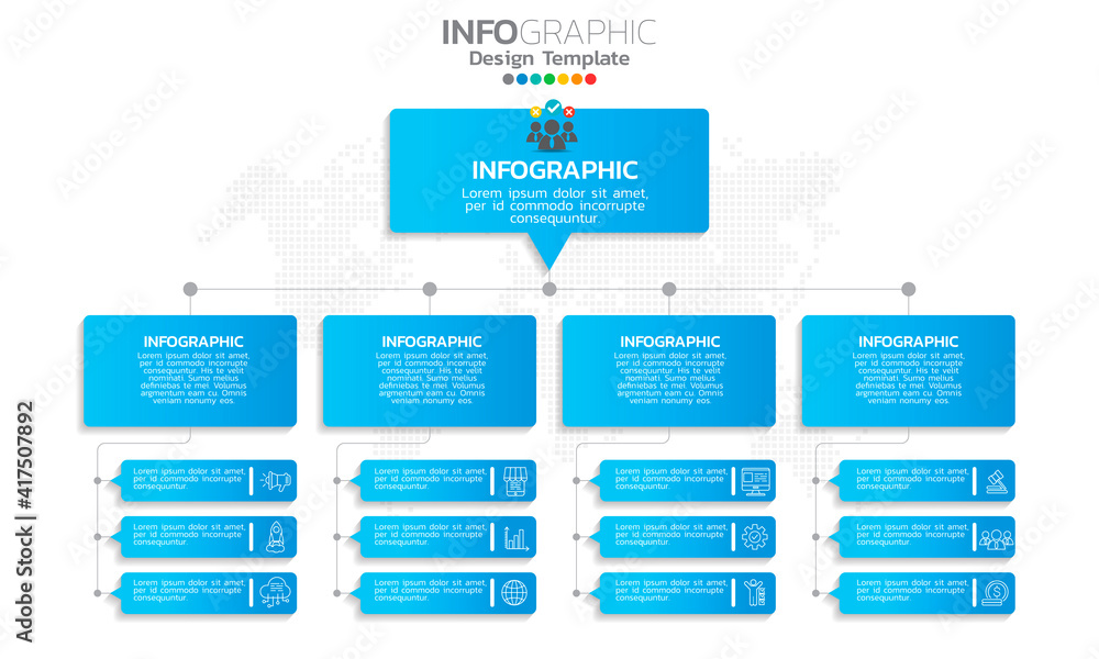 Flow diagram infographic with icons blue theme