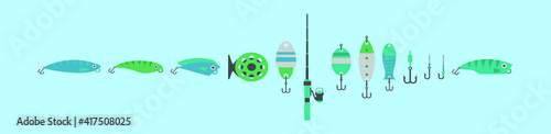 set of fishing tackle cartoon icon design template with various models. vector illustration isolated on blue background