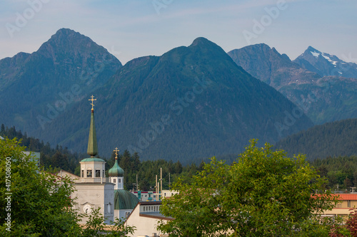 USA, Alaska, Sitka. St. Michael's Russian Orthodox Cathedral in town.