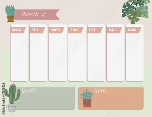 Plant theme cute weekly planner with notes, goals. Printable vector file