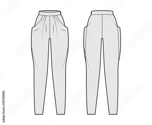Harem pants technical fashion illustration with normal waist, high rise, slash pockets, draping front, full lengths. Flat bottom apparel template back, grey color style. Women, men, unisex CAD mockup