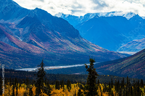 Chugach Mountains, Glenn Highway, Alaska, river, autumn color, tundra